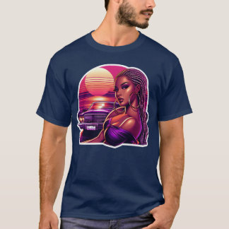 T-shirt Vivid Retro Sunset Portrait with Classic Car frien