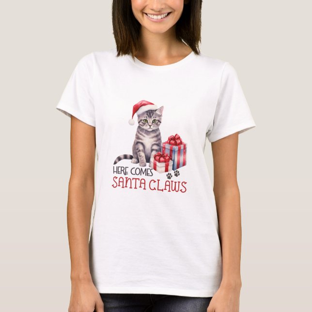 T-shirt Voici Père Noël Claws Cat (Devant)