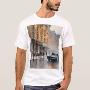 T-shirt Voiture bleue vintage à Foggy Cityscape