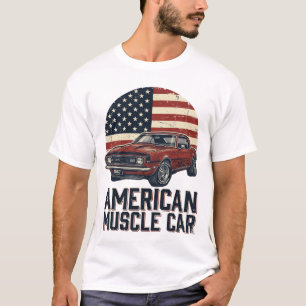 T-shirt Voiture Musclée Américaine Vintage Drapeau Chemise
