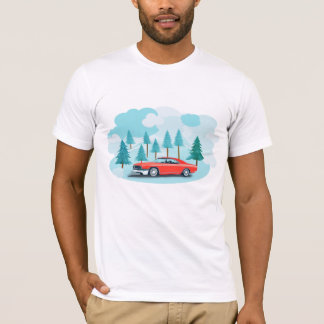 T-shirt Voiture vintage avec arbres et arrière - plan clou