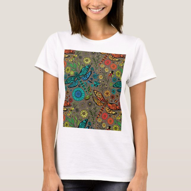 T-shirt Voler, libellule de mouche sur brun (Devant)