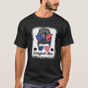 T-shirt Volleyball Mom Messy Bun USA Drapeau lunettes 4th