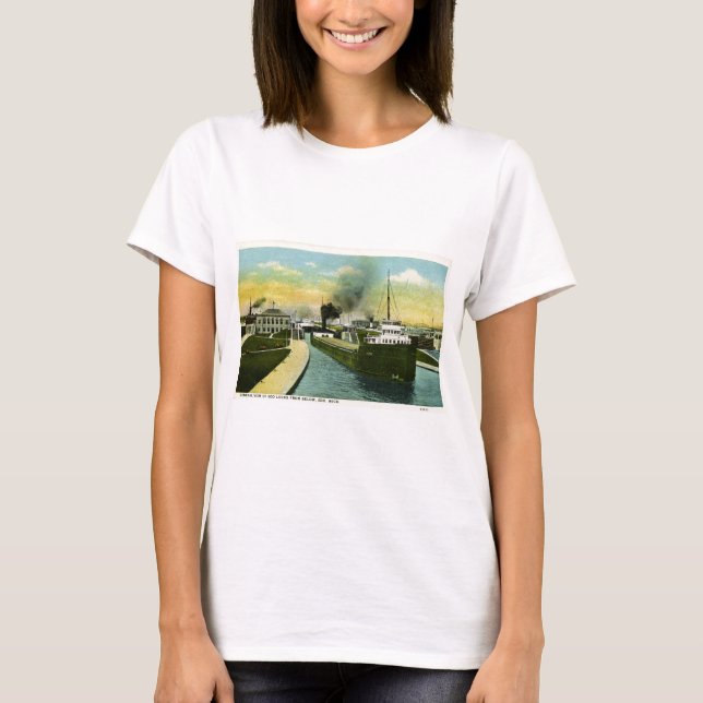 T-shirt Vue au-dessous du Soo, serrures de Soo, Michigan (Devant)