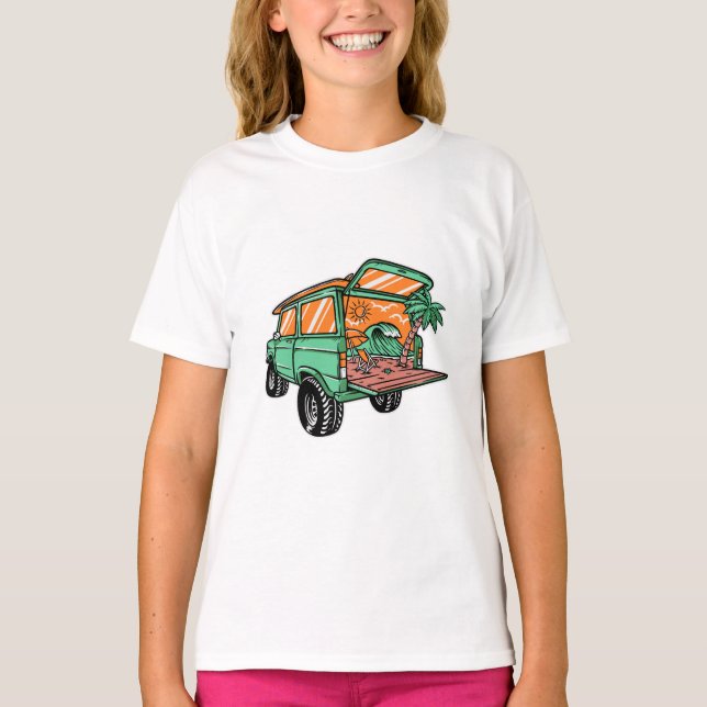 T-shirt Vue sur la plage dans la voiture Illustration été  (Devant)