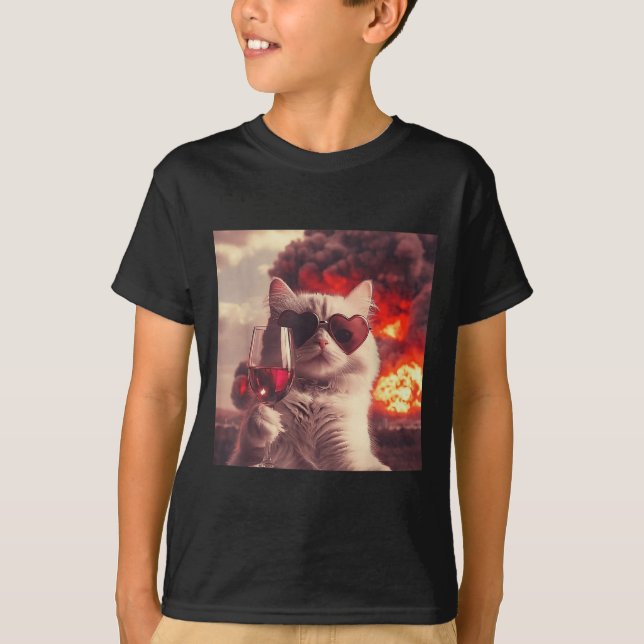 T-shirt Wacky Cat Holding Wine Selfi With Fire Funny Sungl (Devant)