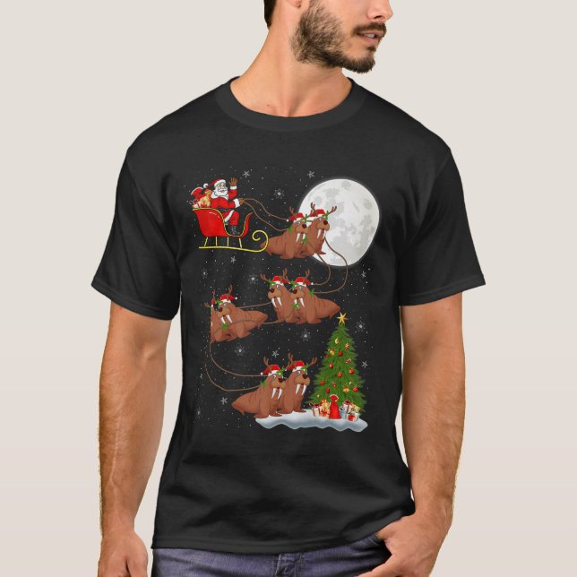 T-shirt Walrus Santa Sleigh Flying Funny Magical Christmas (Devant)