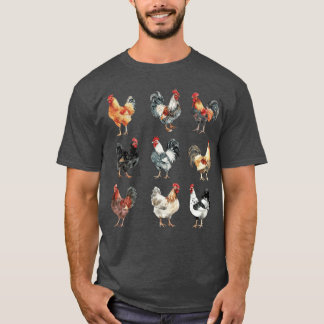 T-shirt Watercolor Chicken Breeds Rooster Hen Poultry Farm