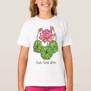 T-shirt Watercolor Pink Lotus with Buds & Leaves
