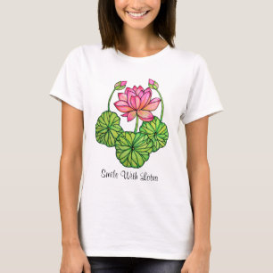T-shirt Watercolor Pink Lotus with Buds & Leaves