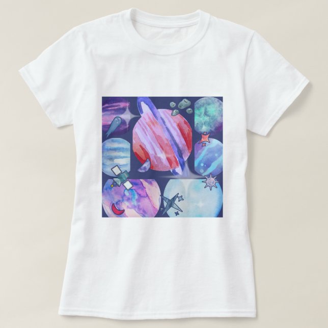 T-shirt Watercolor Space Planets (Design devant)