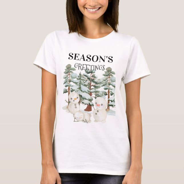 T-shirt Watercolour Snowmen Scene  (Devant)