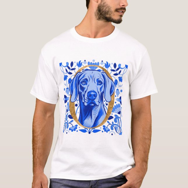 T-shirt Weimaraner peering thru the letter "O" in Gold (Devant)