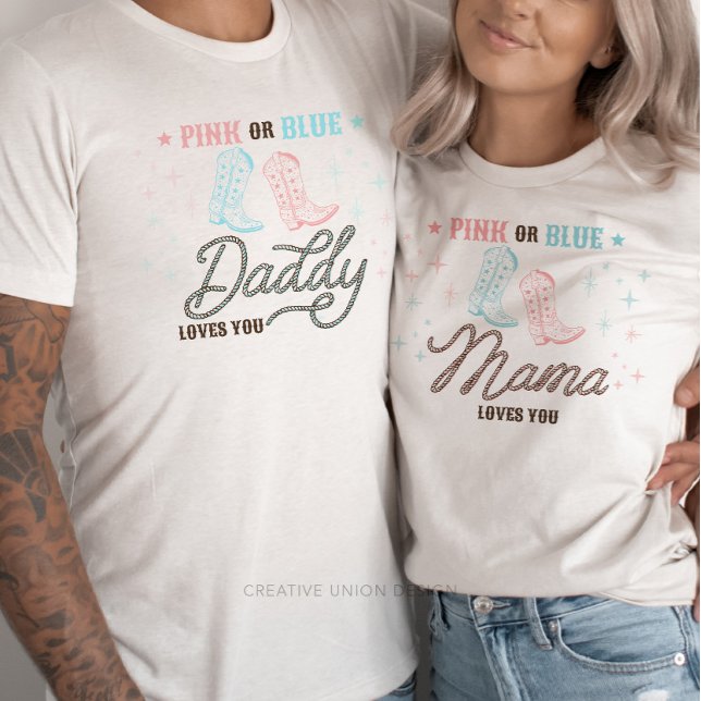 T-shirt Western Pink ou Blue Mama vous aime Révéler le gen (Gender Reveal Shirts)