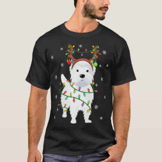 T-shirt Westie Chien Xmas Casquette de rennes d'éclairage 