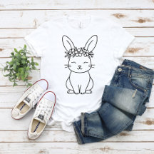 Whimsical Bunny with Floral Crown Line Art