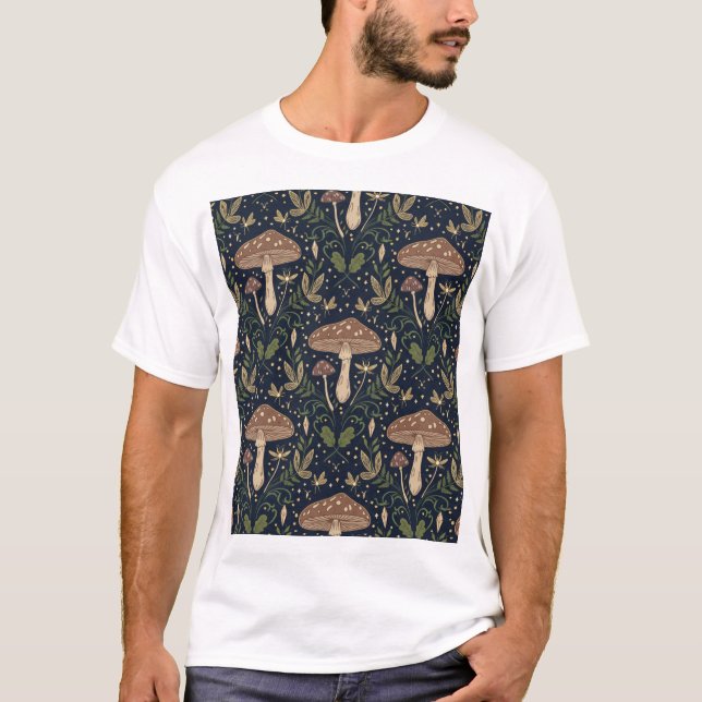 T-shirt Whimsical Forest Mushrooms Seamless Botan Pattern (Devant)