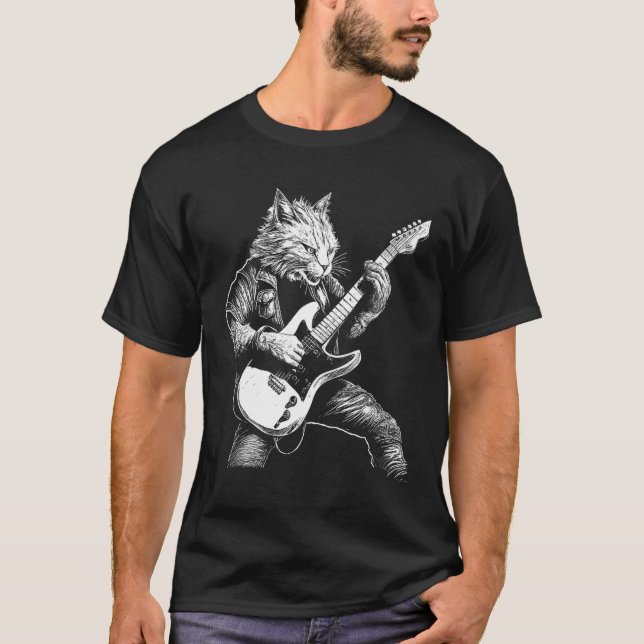 T-shirt Whiskered Rockstar Cat Shredding the Strings (Devant)