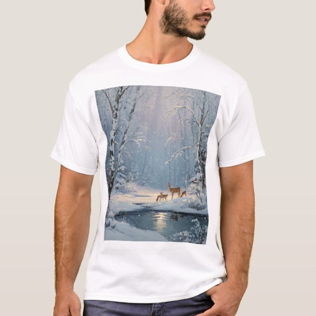 T-shirt Whispers in the Snow – Winter Forest with Deer (Devant)
