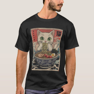 T-shirt White Anime Cat Ramen Noodles Japanese Funny Kawai