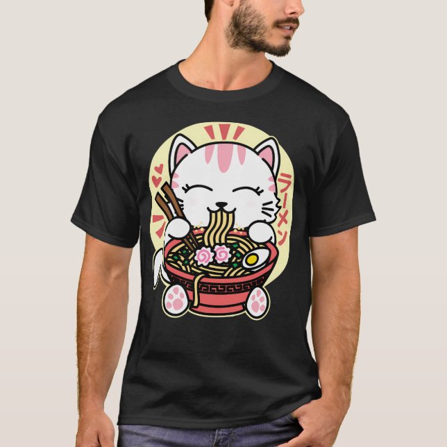 T-shirt White Cat Eating Ramen (Devant)