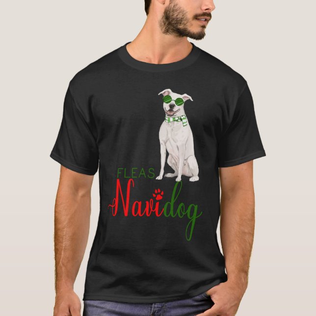 T-shirt White Pit Bull Funny Noël Fleas Navidog (Devant)