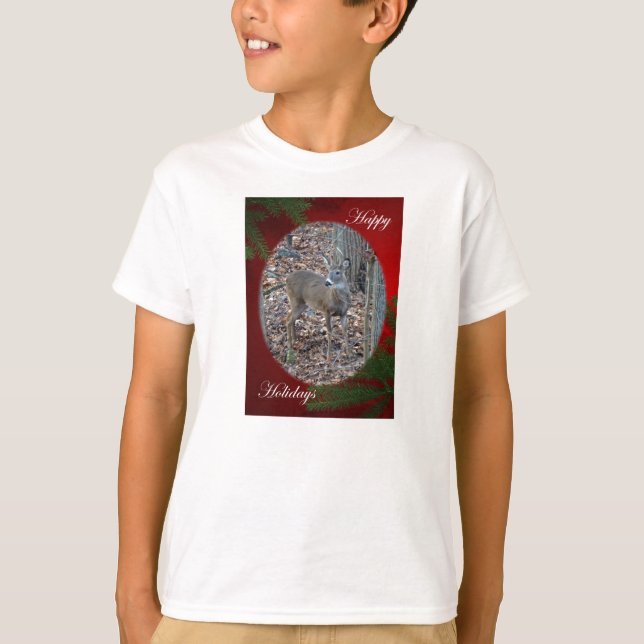 T-shirt Whitetail Deer Spike Buck Happy Holidays Series (Devant)