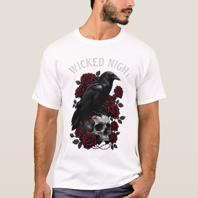 T-shirt Wicked Night Raven & Skull Gothic Halloween T-Shir (Devant)