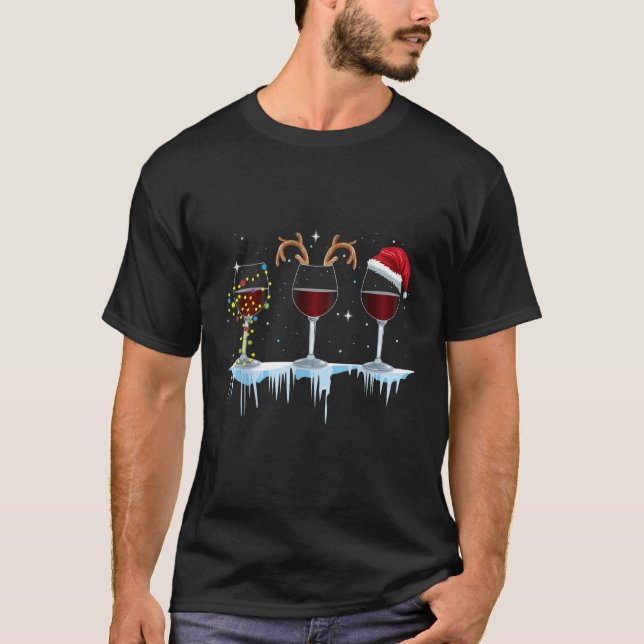 T-shirt Wine glasses with Reindeer and Santa and Christmas (Devant)