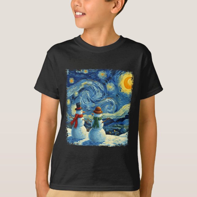 T-shirt Winter Snowman Van Gogh Starry Night Christmas  (Devant)
