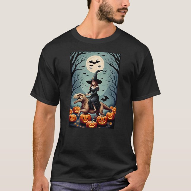 T-shirt Witch Riding Tyrannosaurus Rex dinosaur in a Pumpk (Devant)