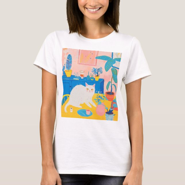 T-shirt with a white cat on the table (Front)
