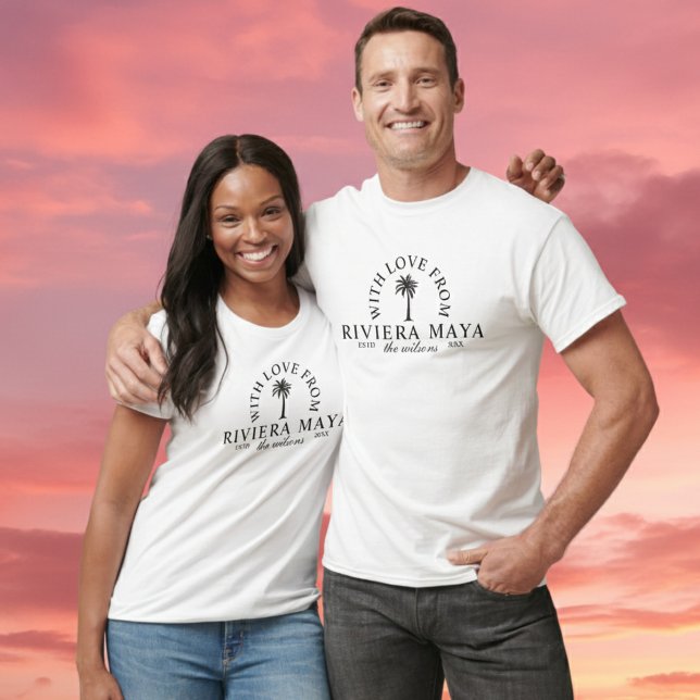 T-shirt With Love From Destination Wedding Merch Station (Ditch the expected wedding favors and gift your wedding guests something they'll actually use! )