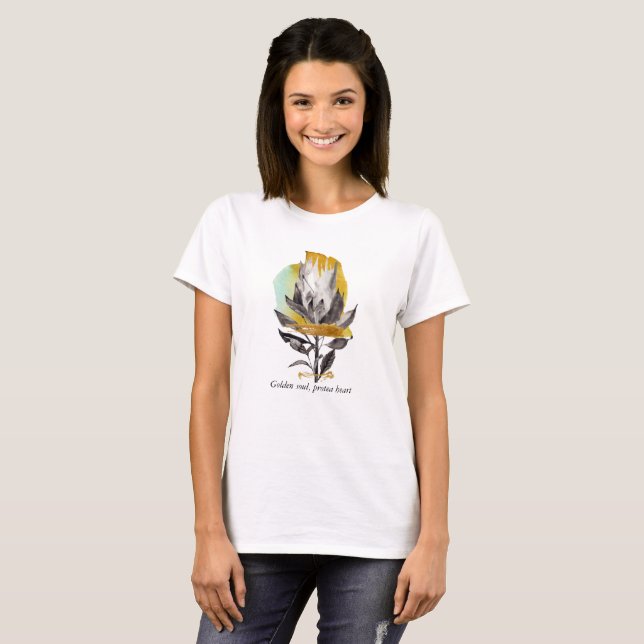 T-shirt with protea flower, gold and text (Front Full)