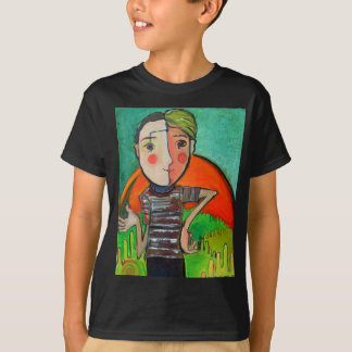 T-shirt with stylized "boy genius" image.