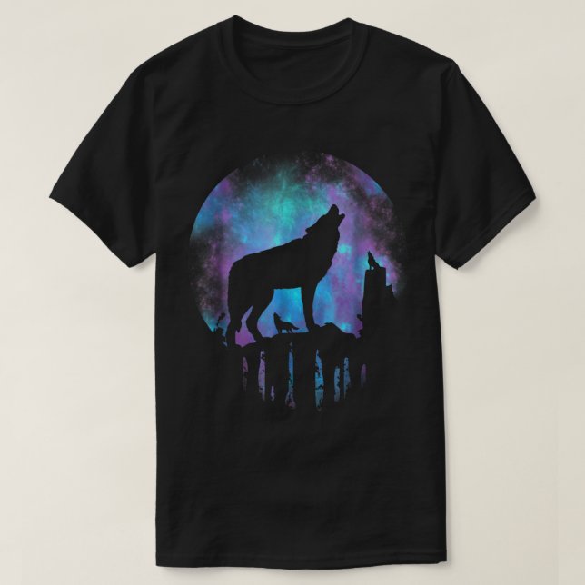 T-shirt Wolf Howling at Galaxy Moon Art (Design devant)