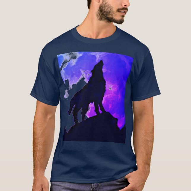T-shirt Wolf Howling at Moon Blue (Devant)