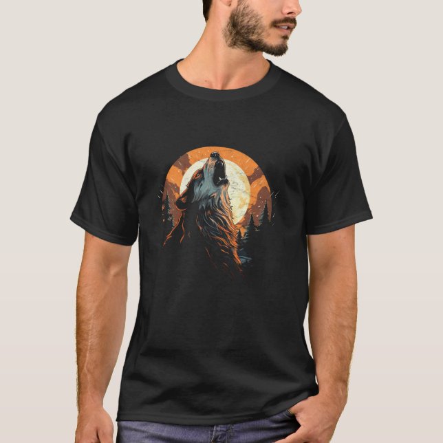 T-shirt Wolf Howling Au Parc National Moon Cartoon Mens (Devant)