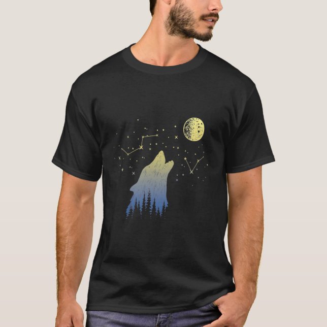 T-shirt Wolf hurlant Aux Stars Constellations Et Lune Wolf (Devant)