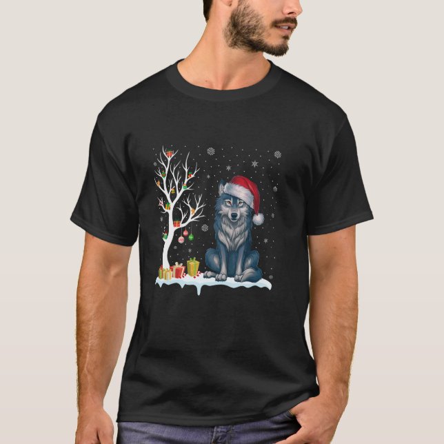 T-shirt Wolf Santa Hat Festif Arbre Lumière Pajama de Noël (Devant)