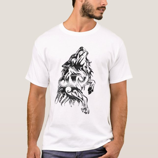 T-shirt Wolf Tribal Tattoo Wolf Tête Animal Design Wild Na (Devant)