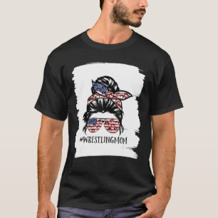 T-shirt Womens America Flag Messy Bun Wrestling Mom Life M