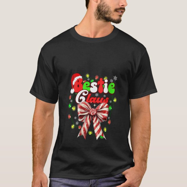 T-shirt Womens Bestie Claus Coquette Bow Candy Cane Santa  (Devant)