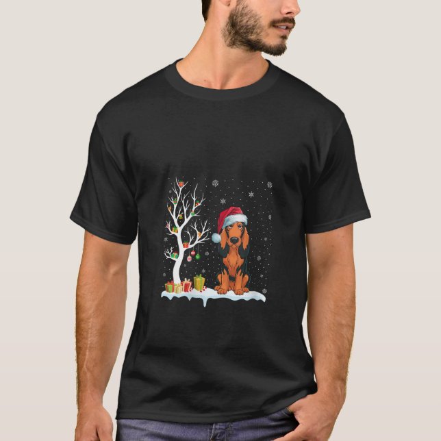 T-shirt Womens Coonhound Dog Santa Hat Festive Tree Light  (Devant)