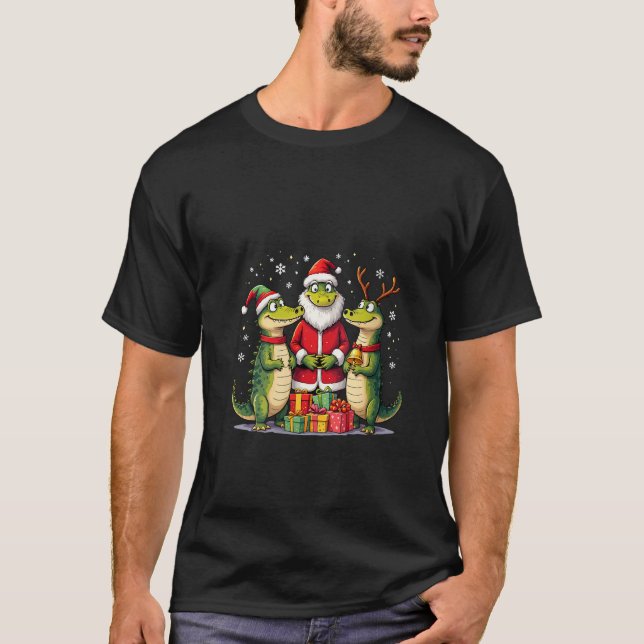 T-shirt Womens Cute Christmas Alligators in Santa and Rein (Devant)