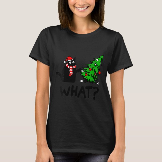 T-shirt Womens Funny Black Cat Gift Pushing Christmas Tree (Devant)