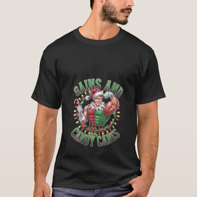T-shirt Womens Gains and Candy Canes Funny Christmas Elf G (Devant)