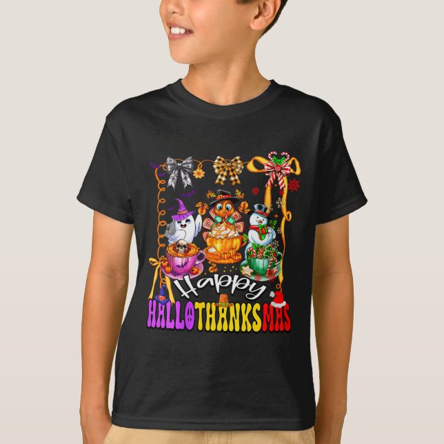 T-shirt Womens Happy Hallothanksmas Coquette Bow Coffee La (Devant)