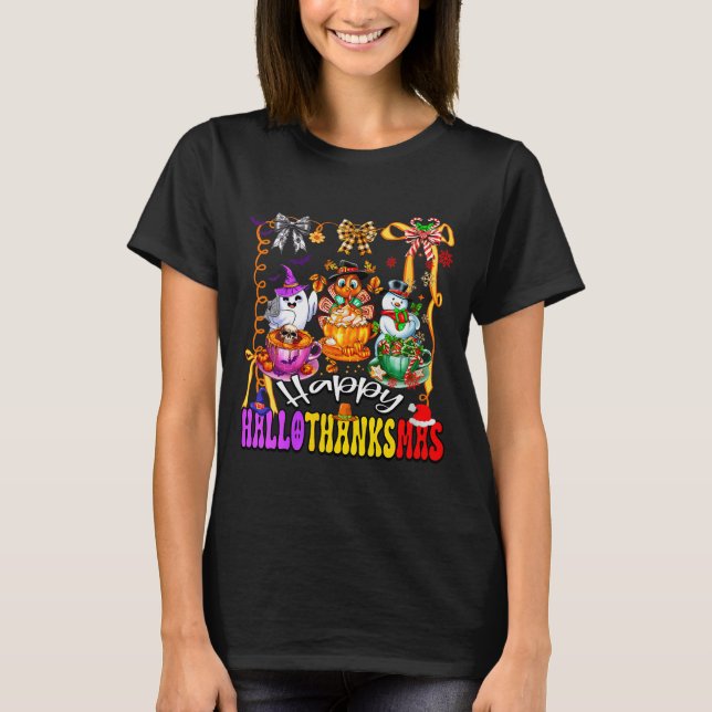 T-shirt Womens Happy Hallothanksmas Coquette Bow Coffee La (Devant)
