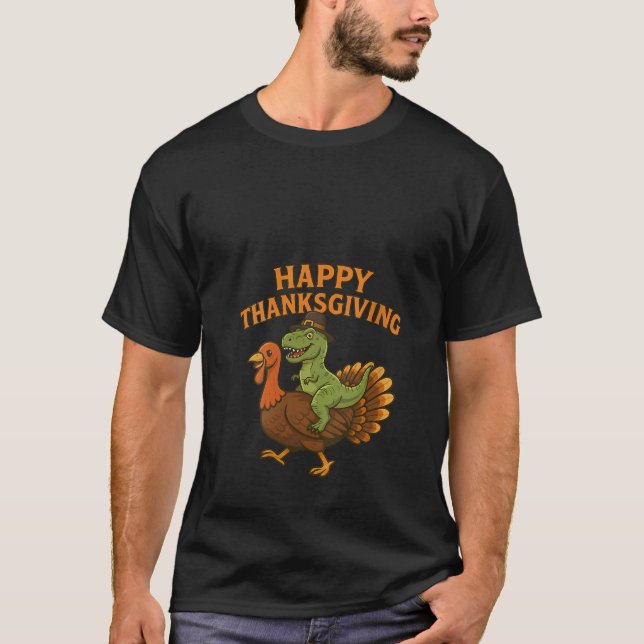 T-shirt Womens Happy Thanksgiving Dinosaur Turkey Pilgrim  (Devant)